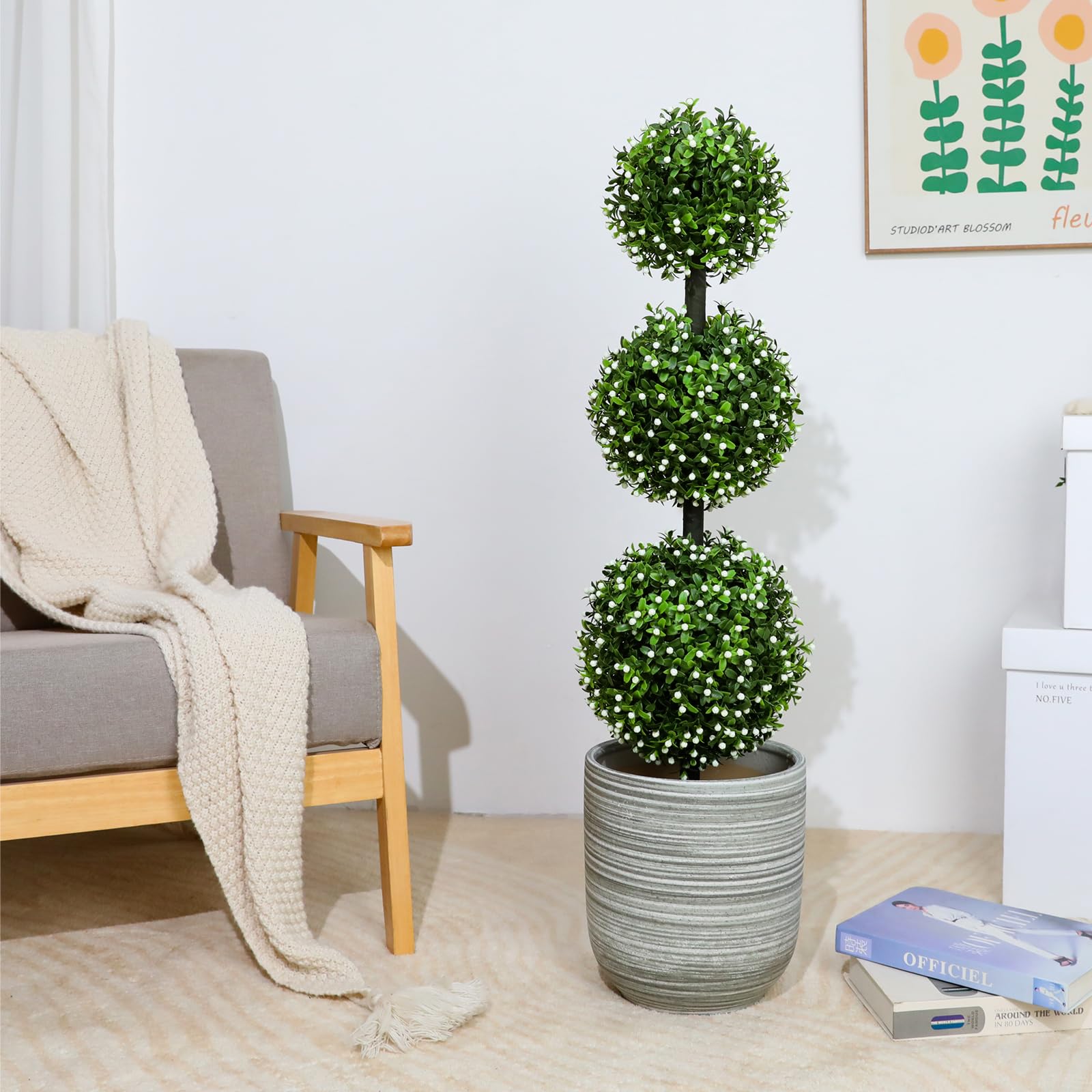 3FT Artificial Topiaries - Front Porch Plant, Outdoor Boxwood Topiary Trees Set of 2