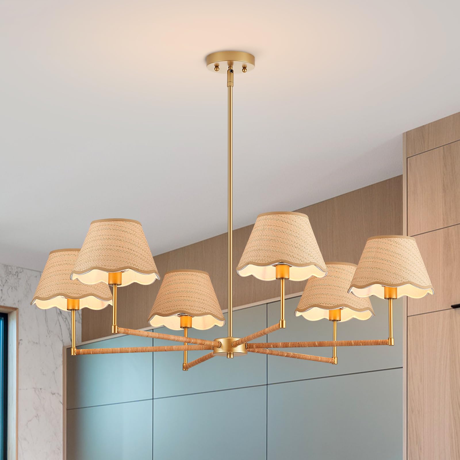 39” Boho Rattan Chandelier 6-Lights Rustic Industrial Pendant Light Large