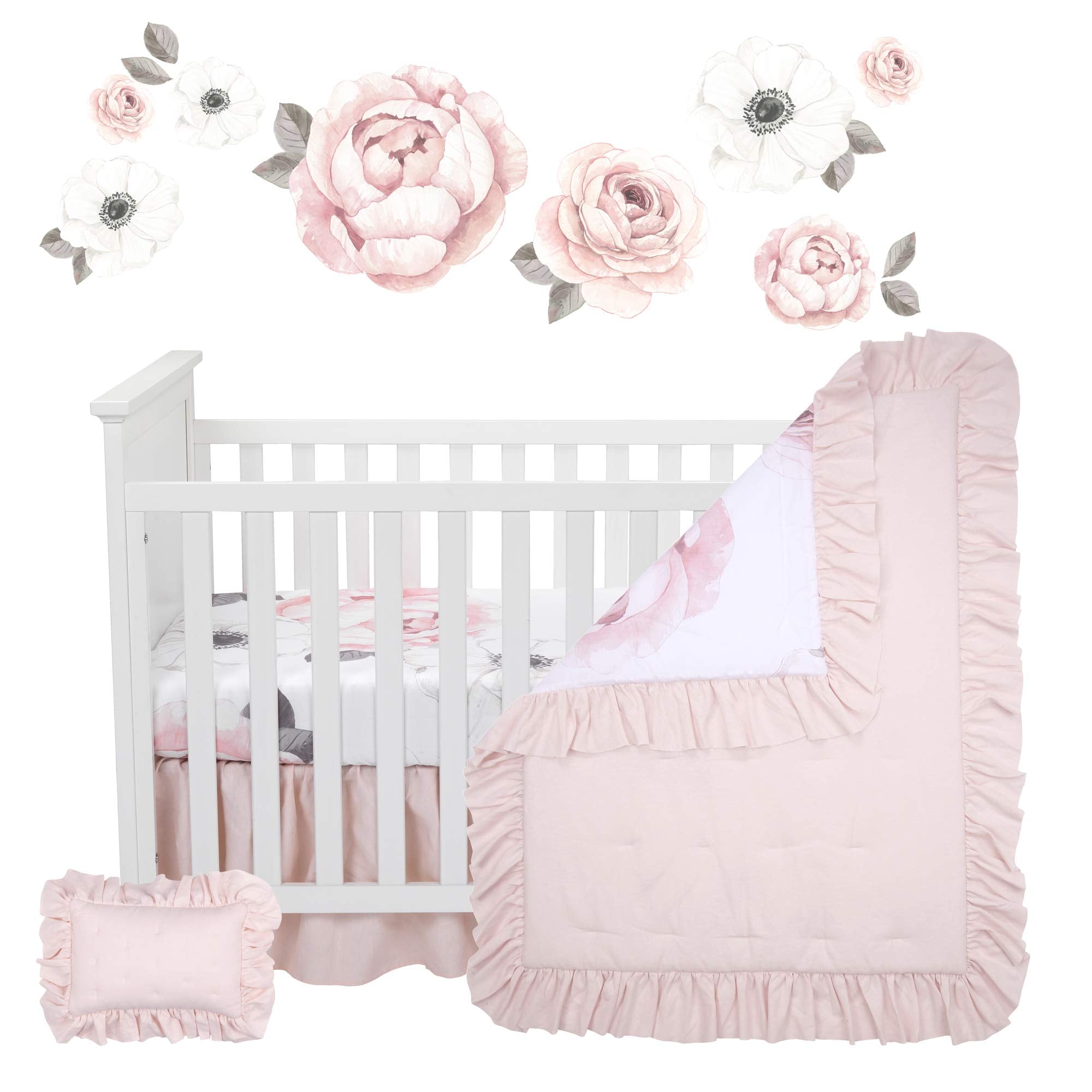 Floral Garden Watercolor/Pink Linen 5-Piece Baby Crib, Baby Bedding