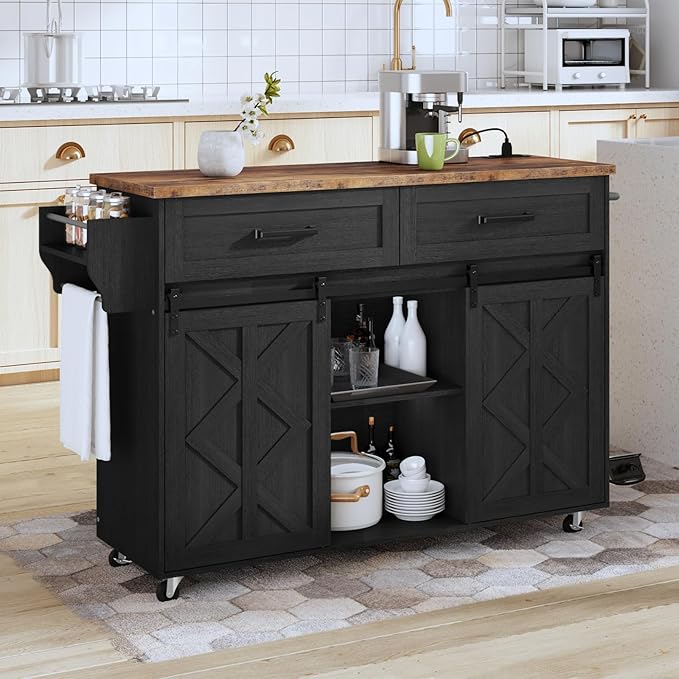 Kitchen Island with Storage, Power Outlet, Rolling Kitchen Island Cart on Wheels