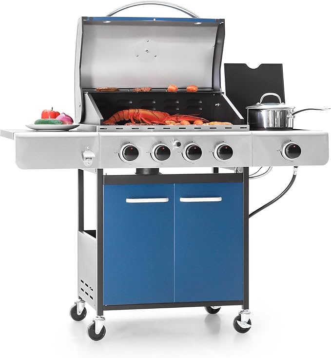 4-Burner Propane Gas BBQ Grill with Side Burner & Porcelain-Enameled Cast Iron Grates