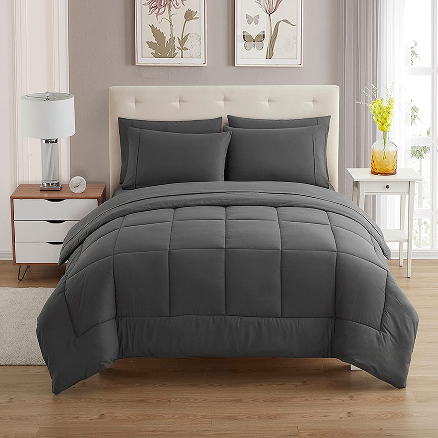 7 Piece Comforter Set Bag Solid Color All Season Soft Down Alternative Blanket & Luxurious