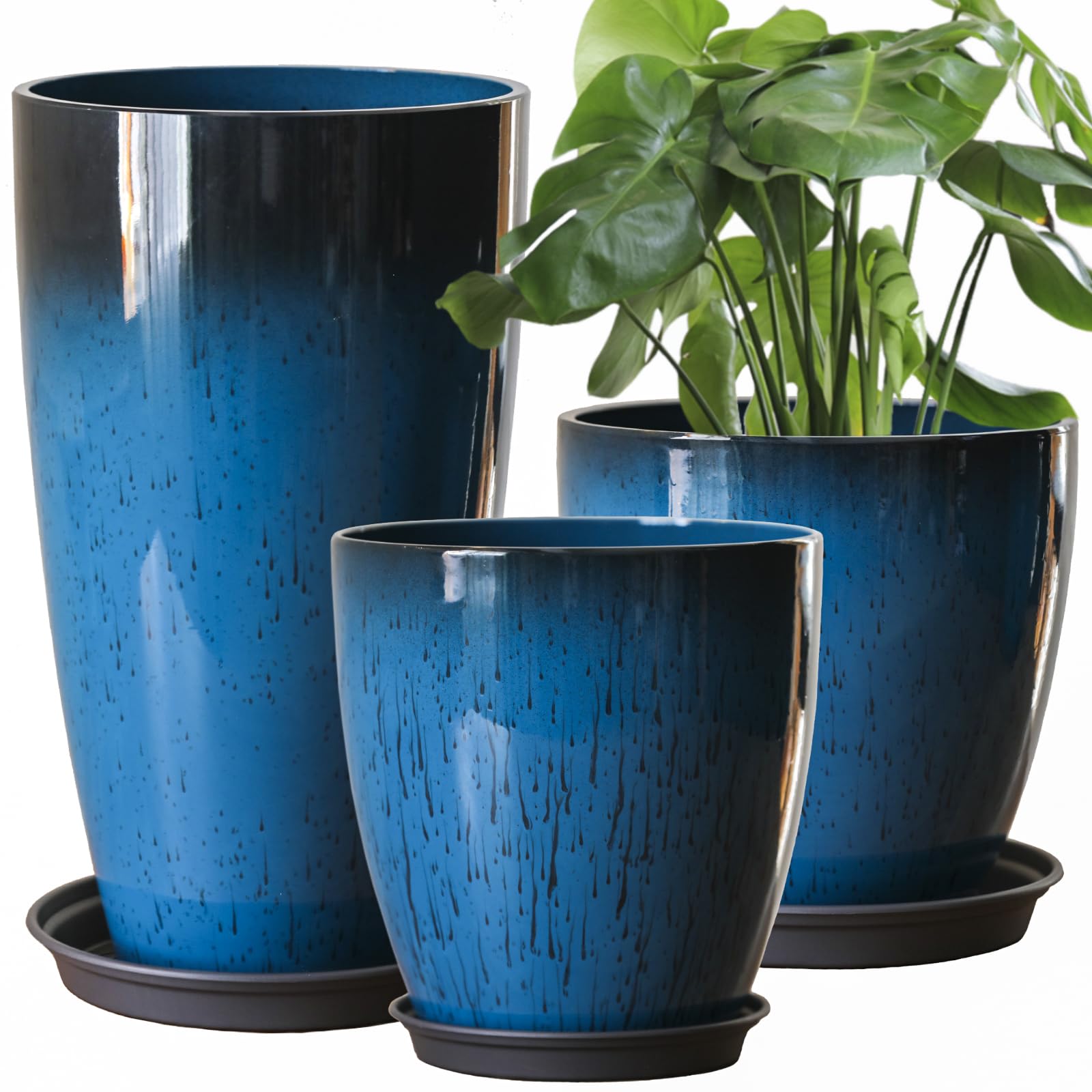 Large Plastic Planters with Tray 11"/12"/21" H Set of 3 for Indoor Outdoor Lightweight Use