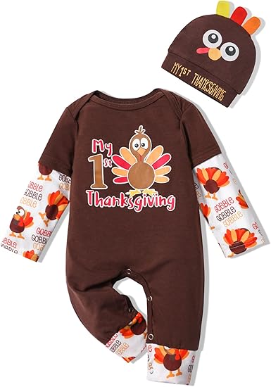 My First Thanksgiving Baby Boy Outfit Turkey One Piece Romper Long Sleeve Onesie