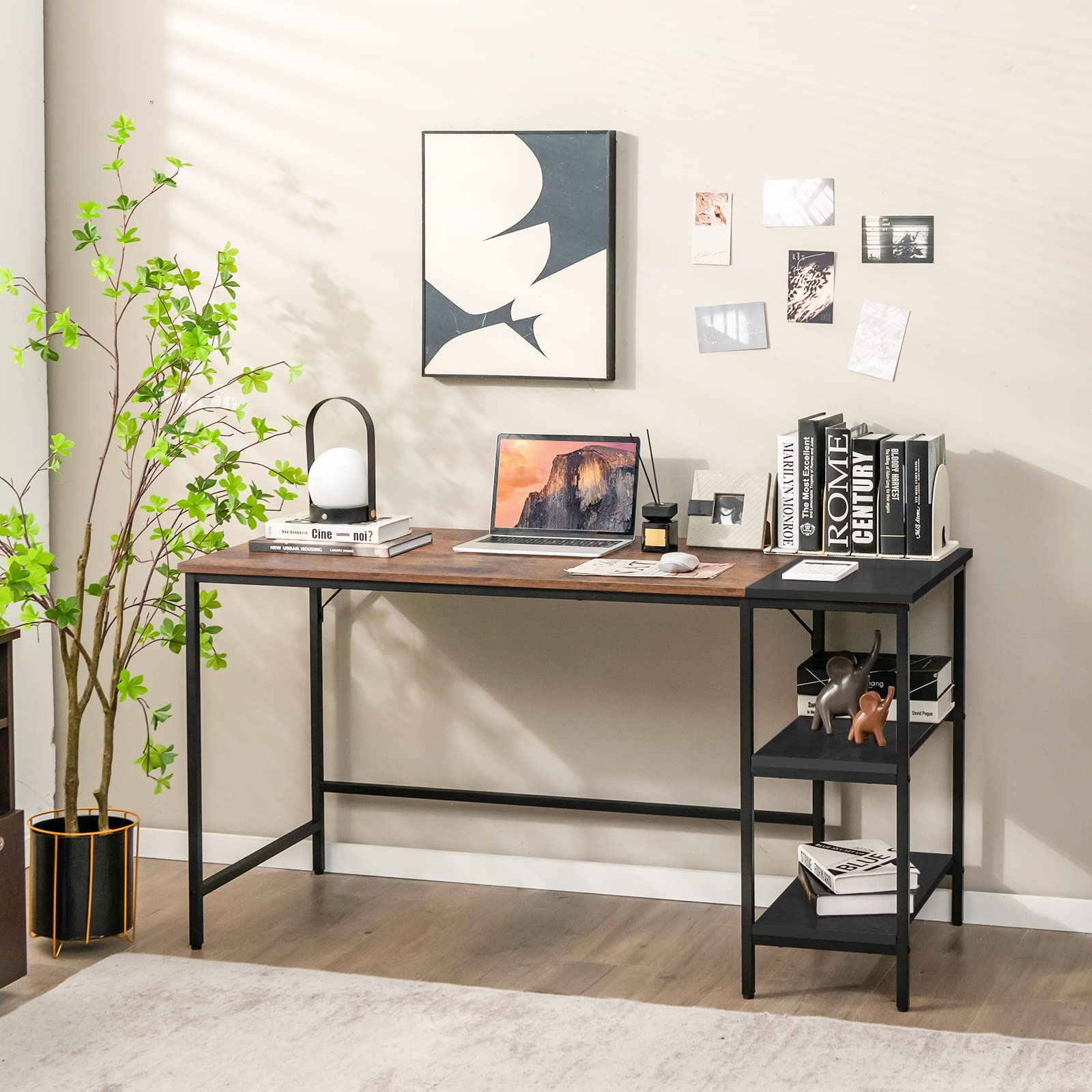 55” Computer Desk, Large Home Office Desk with 2-Tier Storage Shelvesud