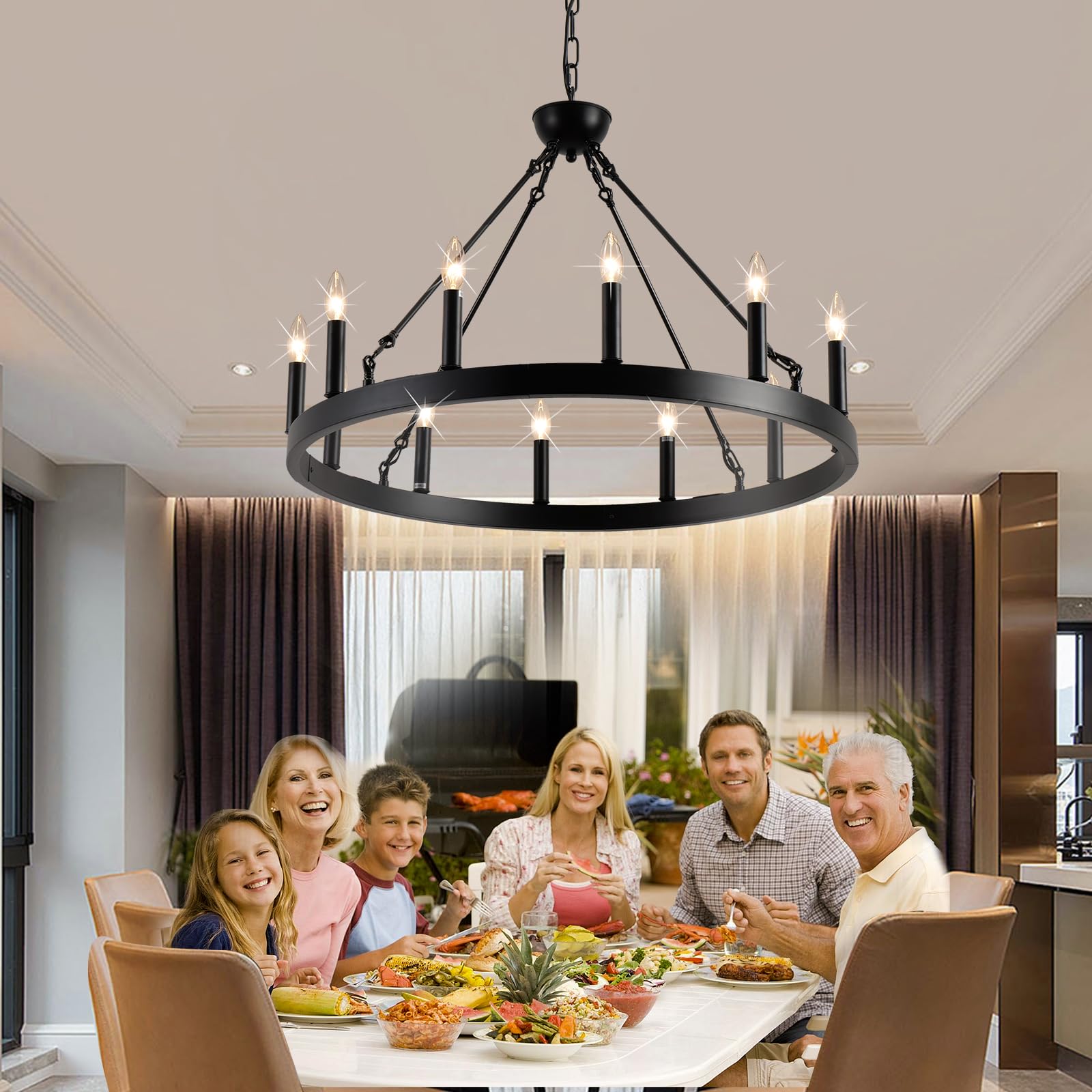 Wagon Wheel Chandelier 32" 12-Light, Round Black Chandeliers Farmhouse Modern