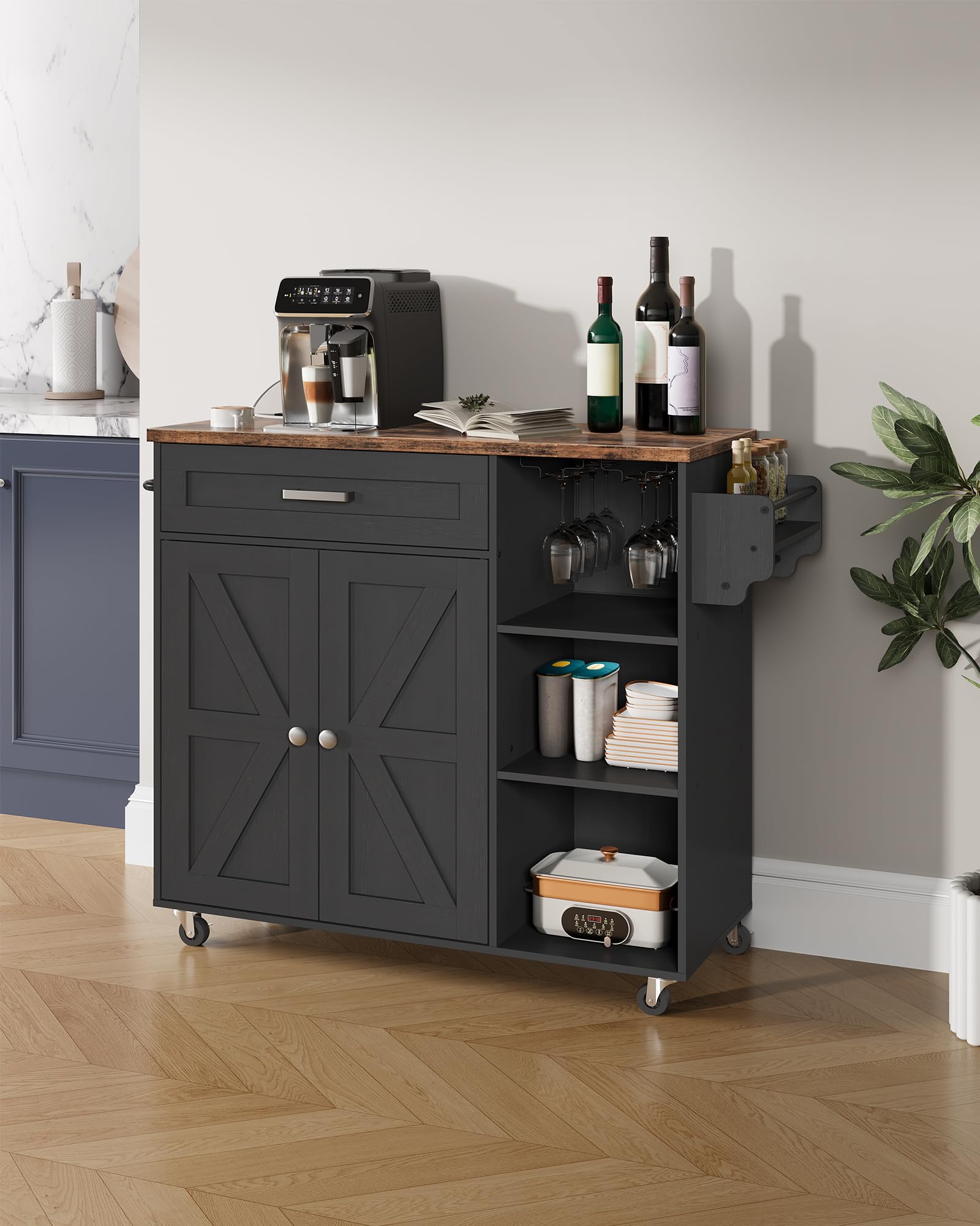 Kitchen Island Trolley with Power Outlet, Spice Rack, Rolling Storage Cart with Drawer