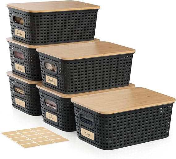 Small 5 Quart Plastic Storage Bin with Bamboo Lid, Stackable Decorative Storage Basket