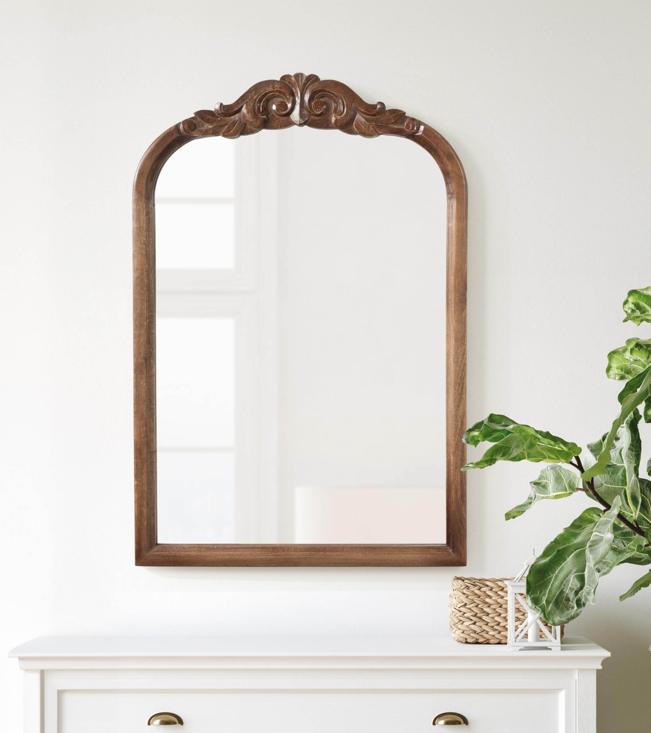 Kate and Laurel Arendahl Traditional Arch Wall Mirror, 24 x 36, Walnut Brown, Vintage Baroque-Inspired Wooden Arched Bathroom Mirror for Over Sink with Ornate Carved Crown