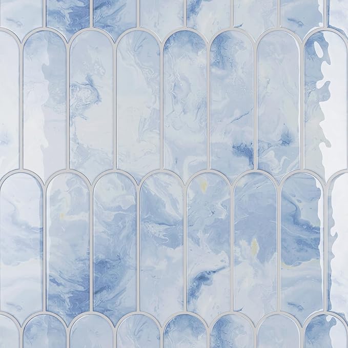 20 Sheets Cream Blue Backsplash Tile Peel and Stick Long Fish Scale Back Splash