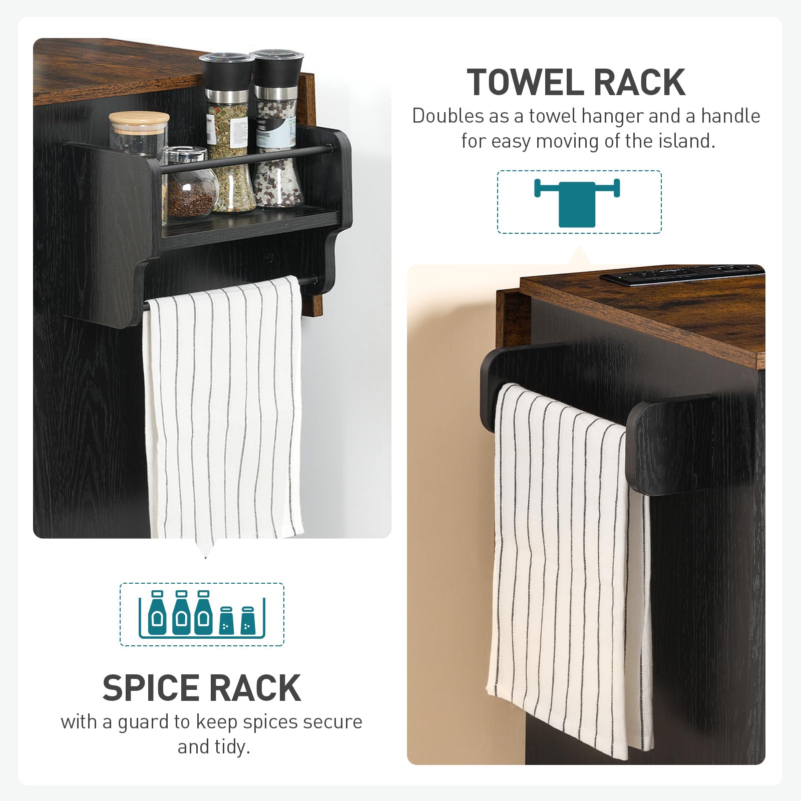 RALGEND Kitchen Island with Storage, Kitchen Cart with Charging Station, Rolling Kitchen Island Table with Drop-Leaf, 3 Drawers, Barn Doors, Towel Rack and Spice Rack, Black and Rustic Brown
