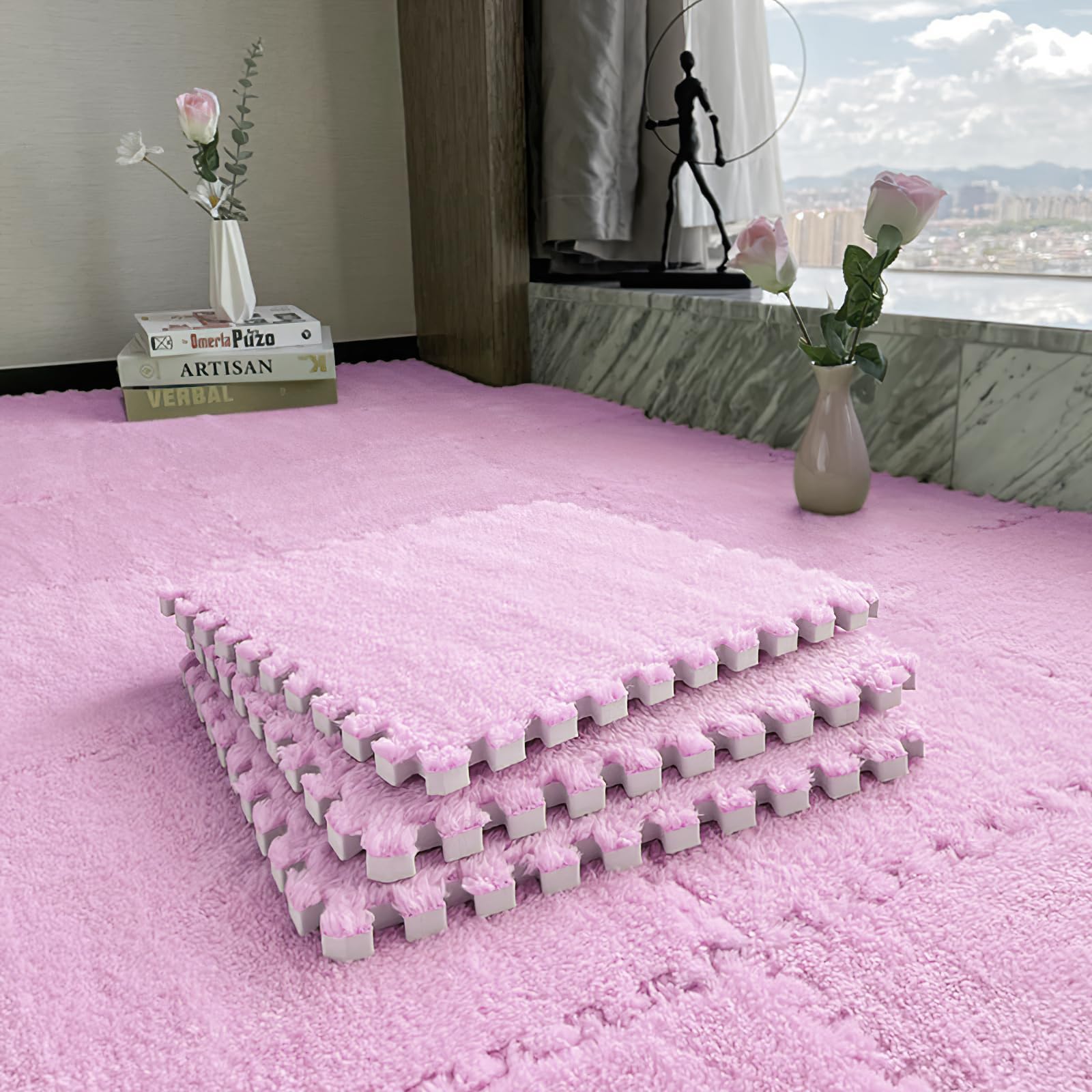 16pcs 0.6" Thickened Interlocking Tile Mats,Fluffy Shaggy Soft EVA Foam Area Rug