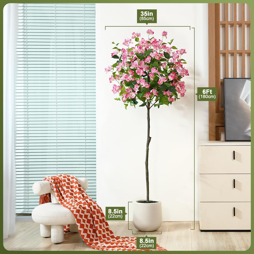 Artificial Flowers for Indoors with Planter, 6ft Artificial Bougainvillea Plant with Pink