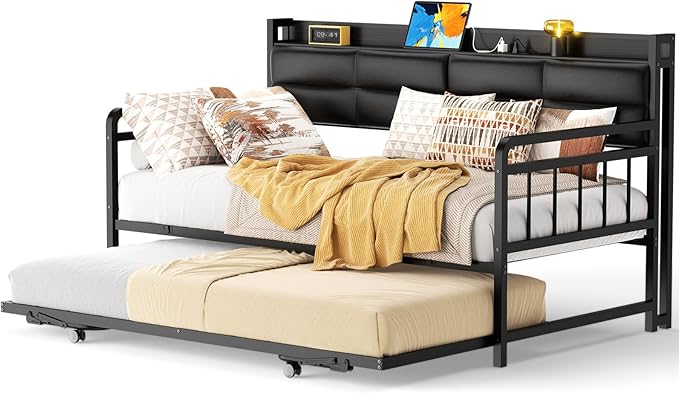 Daybed with Trundle, Twin Day Bed with Upholstered Headboard and Charging Station