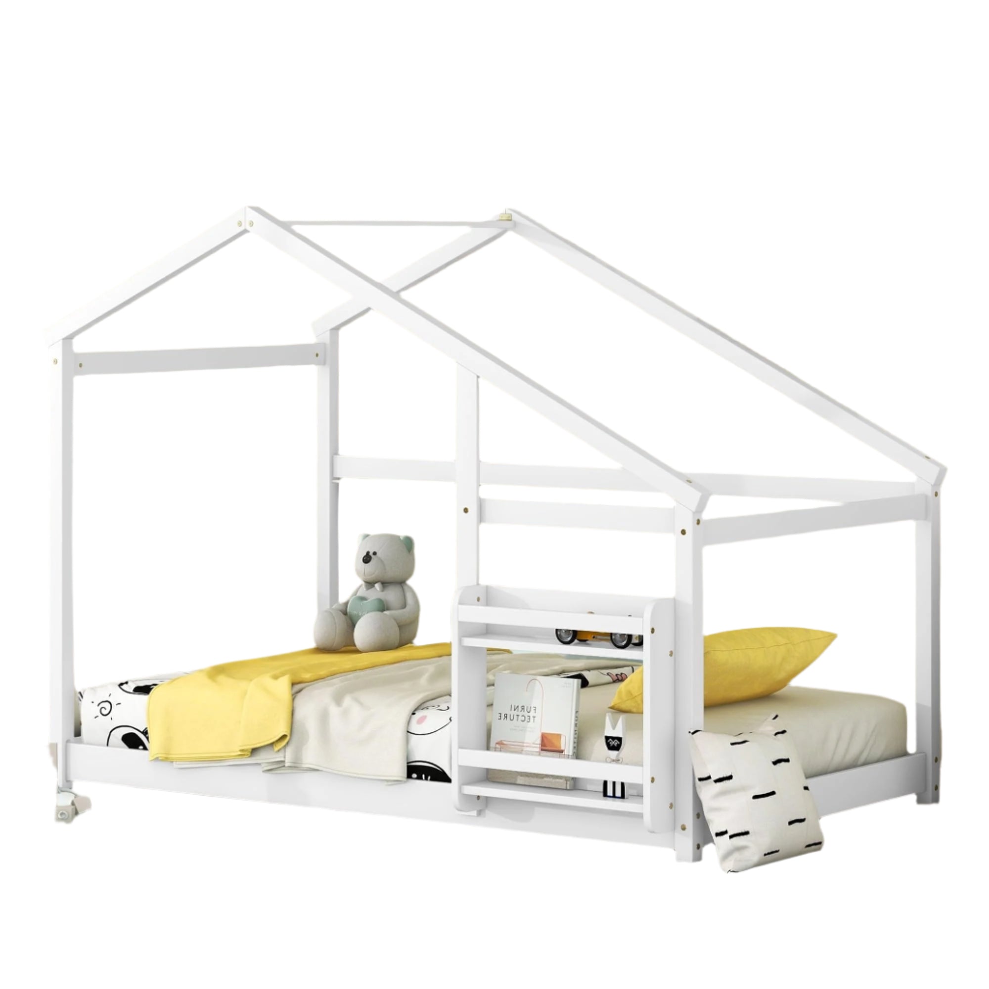Floor Bed for Children, Montessori Bed Frame with Shelf, Wooden House Floor