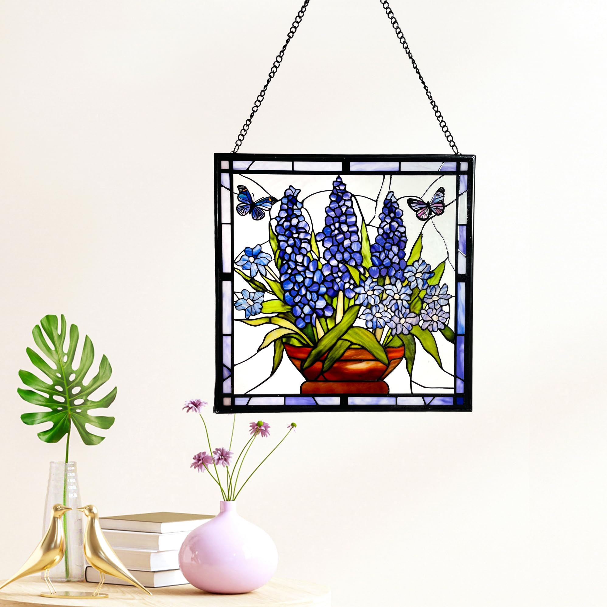 Bluebonnet Blue Iris Flower and Butterfly Stained Glass Panel Suncatcher Square