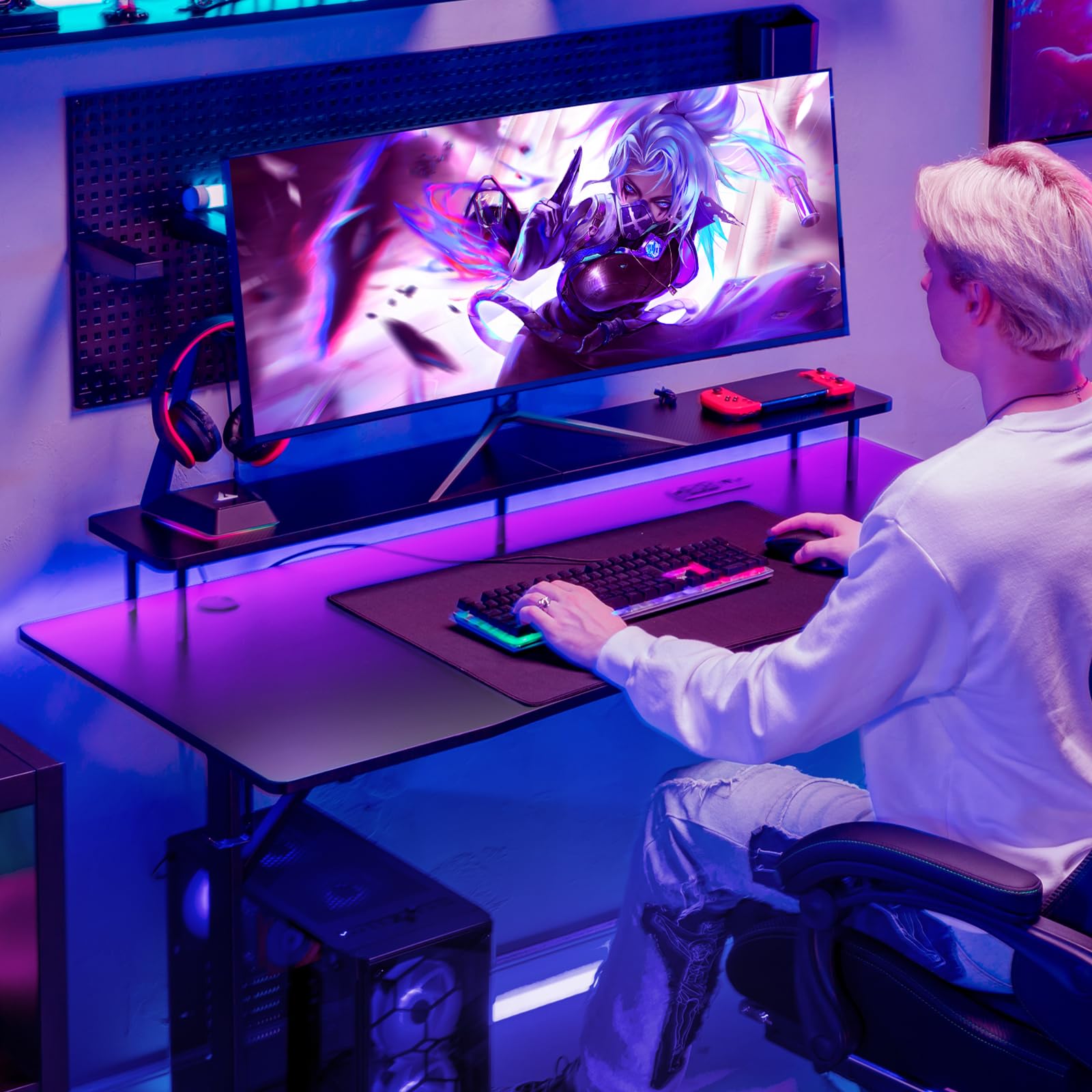 Gaming Desk with LED Lights, 55 Inch Large Computer Gamer Desk