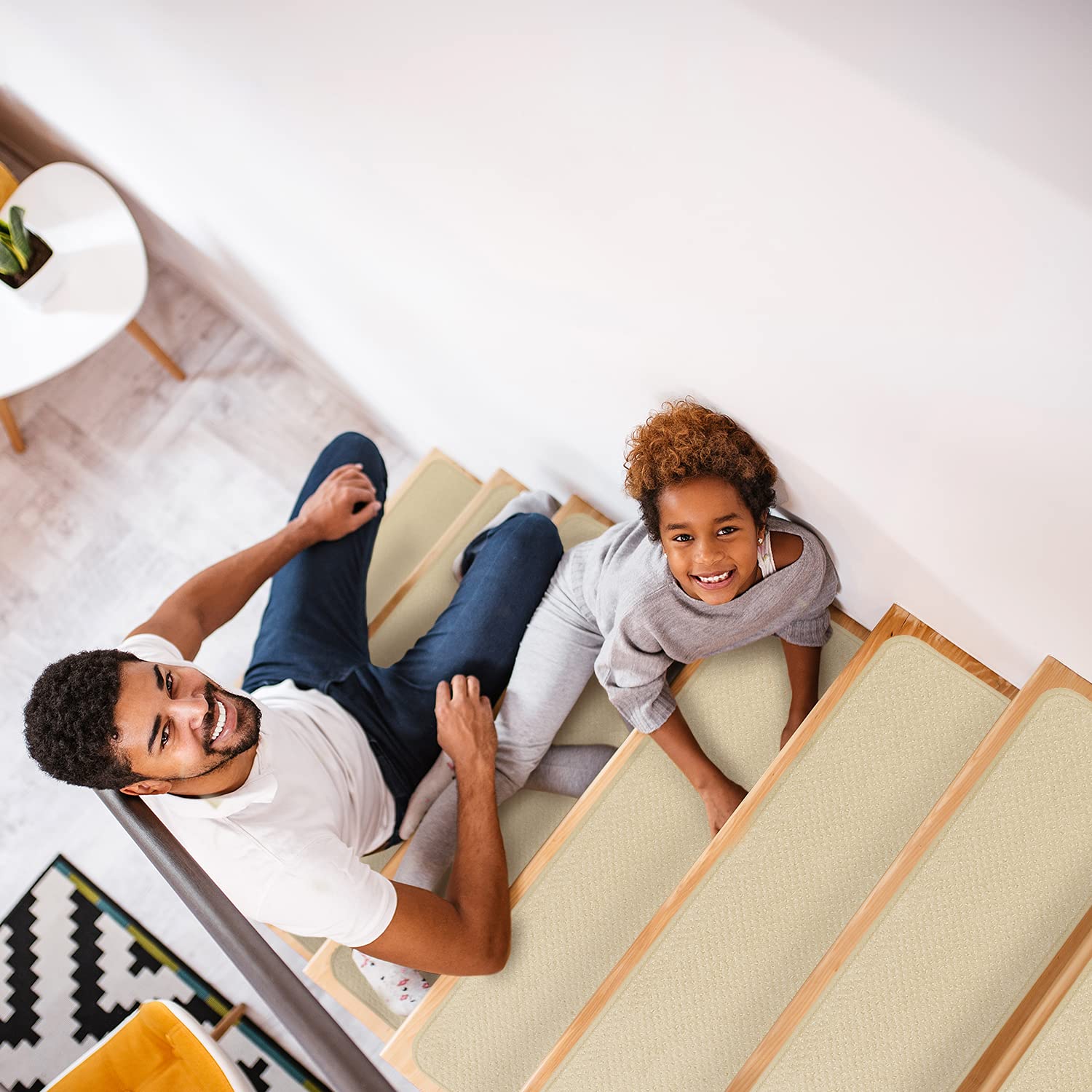 Set of 15 Skid-Resistant Carpet Stair Treads - Ivory Cream - 9 Inches X 36 Inches