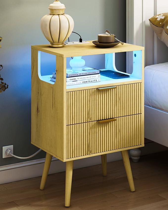 Bedroom Furniture Nightstand with Charging Station and LED Lights,Modern Bedside Table