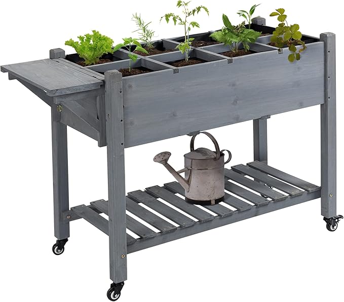 Raised Garden Bed with 8 Grow Grids, Wooden Outdoor Plant Box Stand