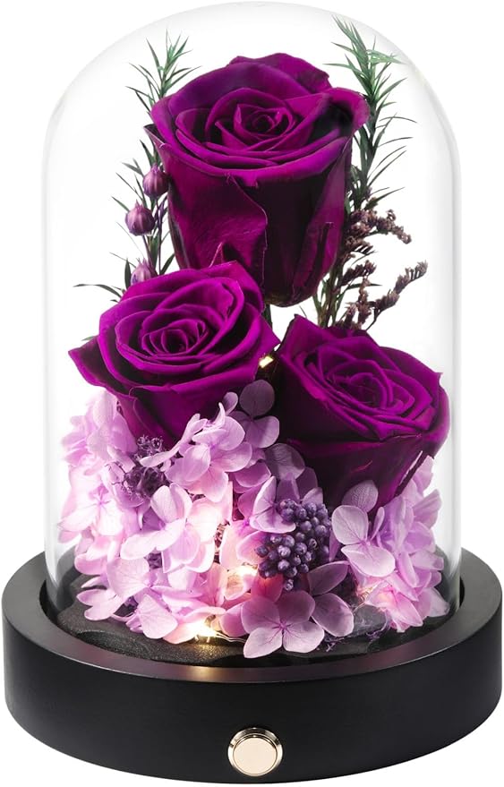 Flowers for Delivery, 3 Yellow Forever Roses in Glass Dome with LED, Preserved Real Rose