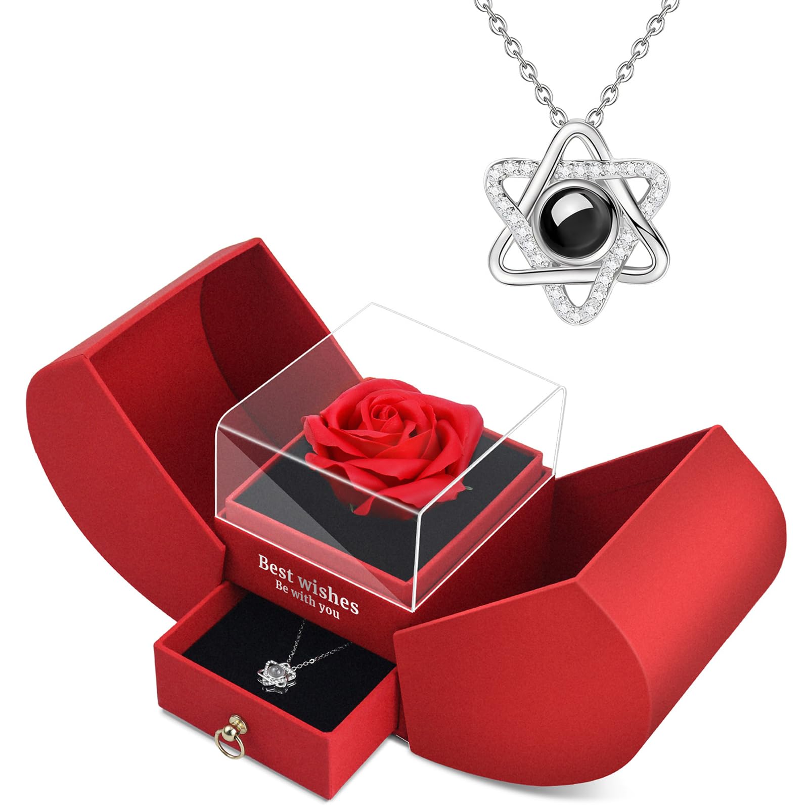 Preserved Red Real Rose Necklace 'I Love You' in 100 Languages - Eternal Flowers Rose