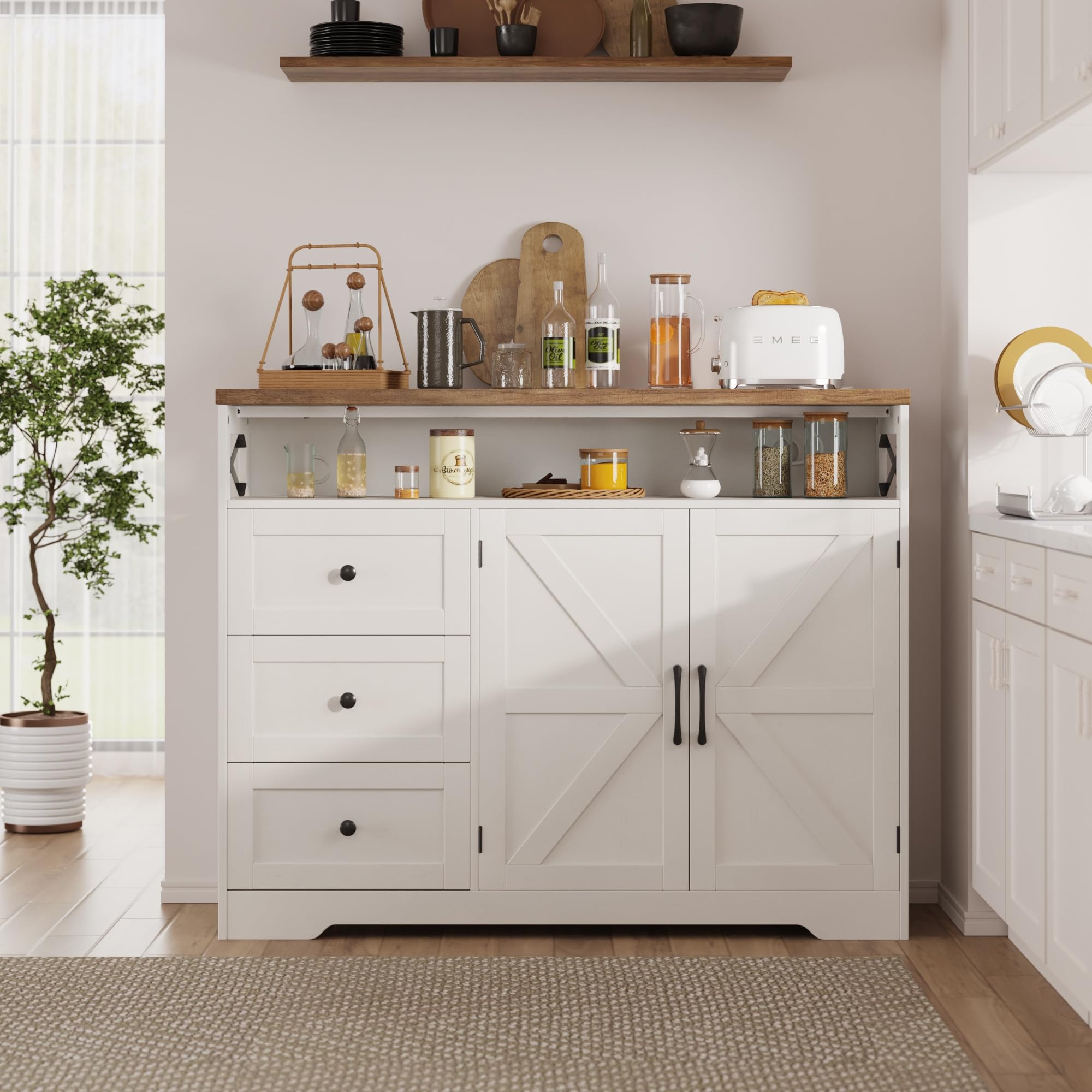Farmhouse Buffet Cabinet with Drawers & Open Shelf, Sideboard with Storage, Kitchen