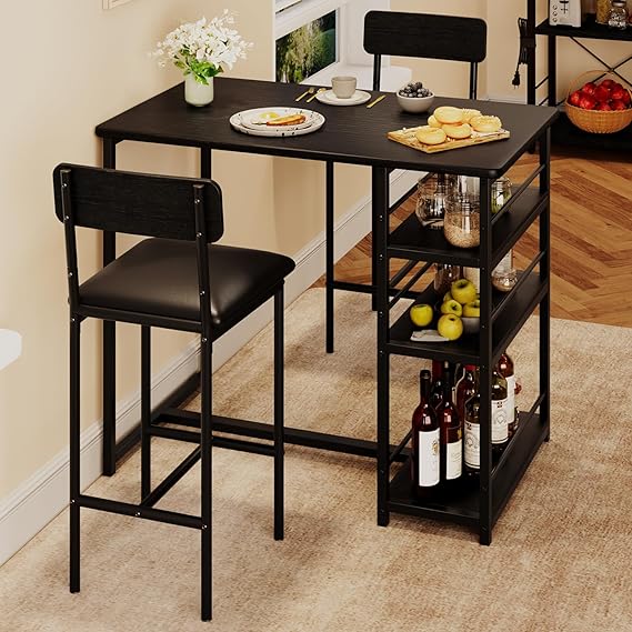 Dining Table and Chairs, Bar Table Set with 2 Upholstered Bar Stools