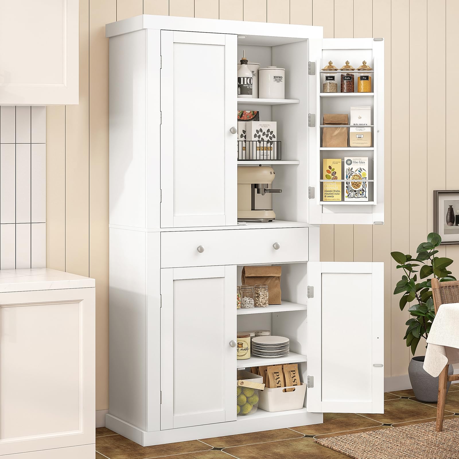 72” Pantry Cabinet, Tall Kitchen Storage Cabinet with 4 Doors and 1 Drawer, Cupboard