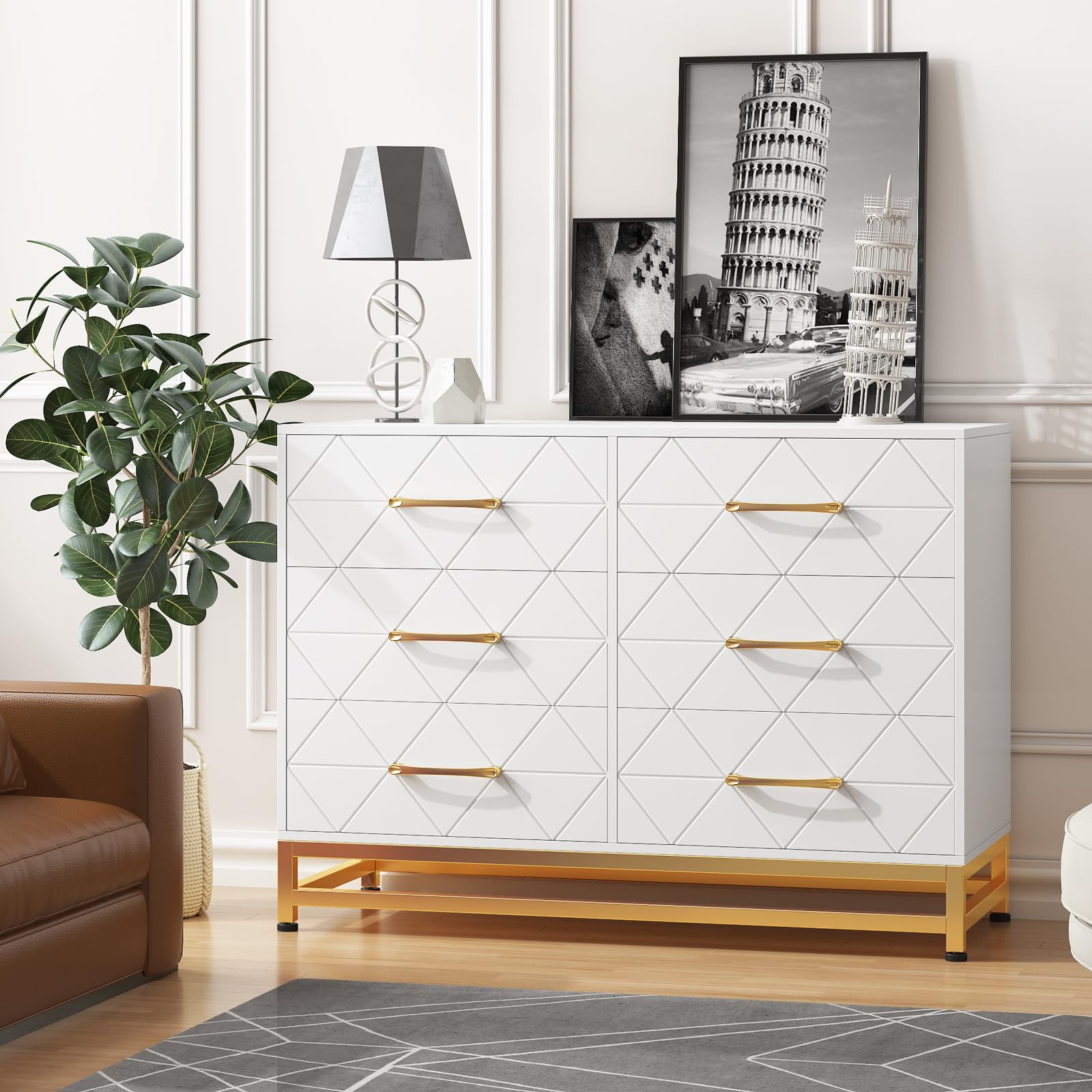White Dresser for Bedroom with 6 Drawers, Wood Chest of Drawers