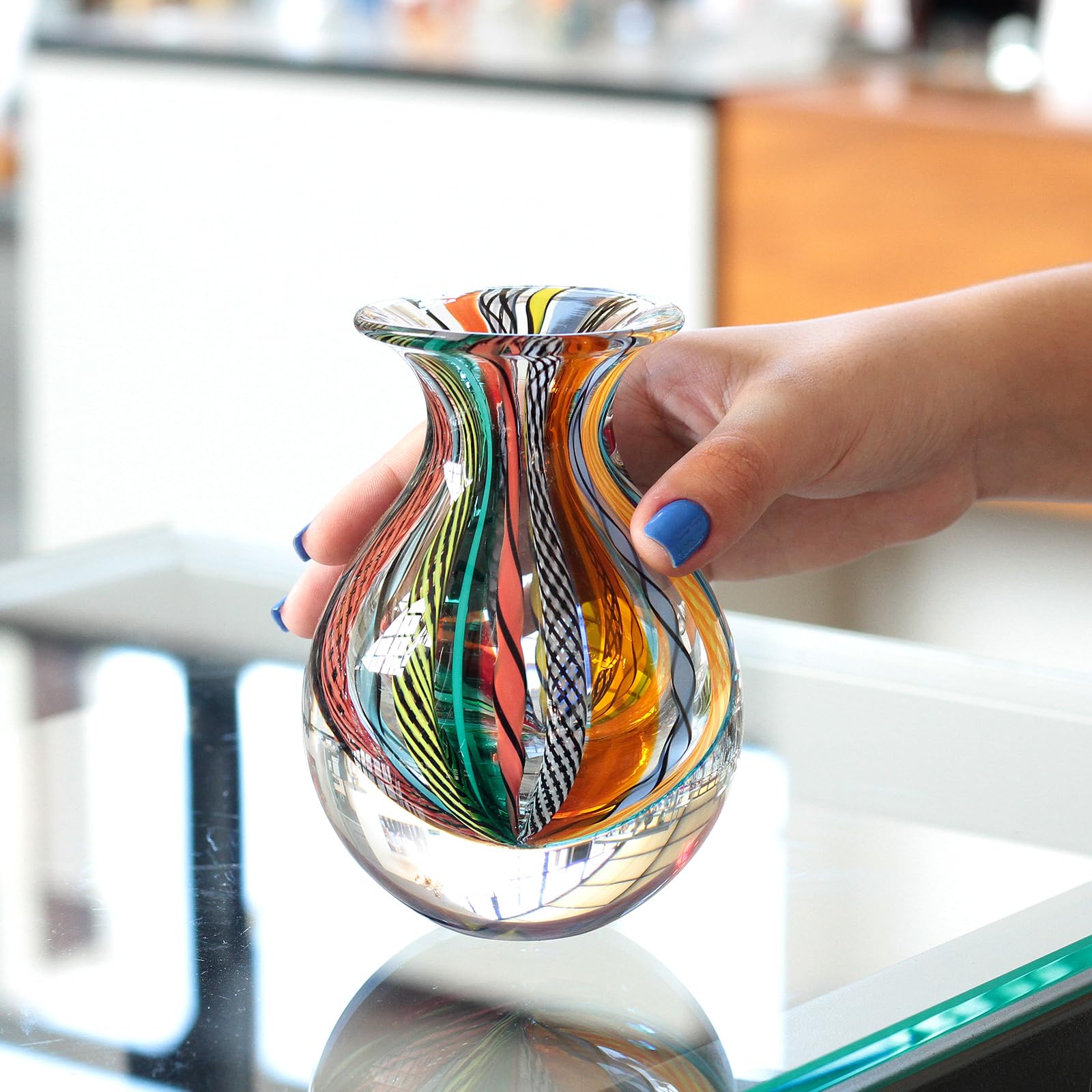 Glass Vase Boho with Colored Canes Hand Blown Murano-Style Art Glass