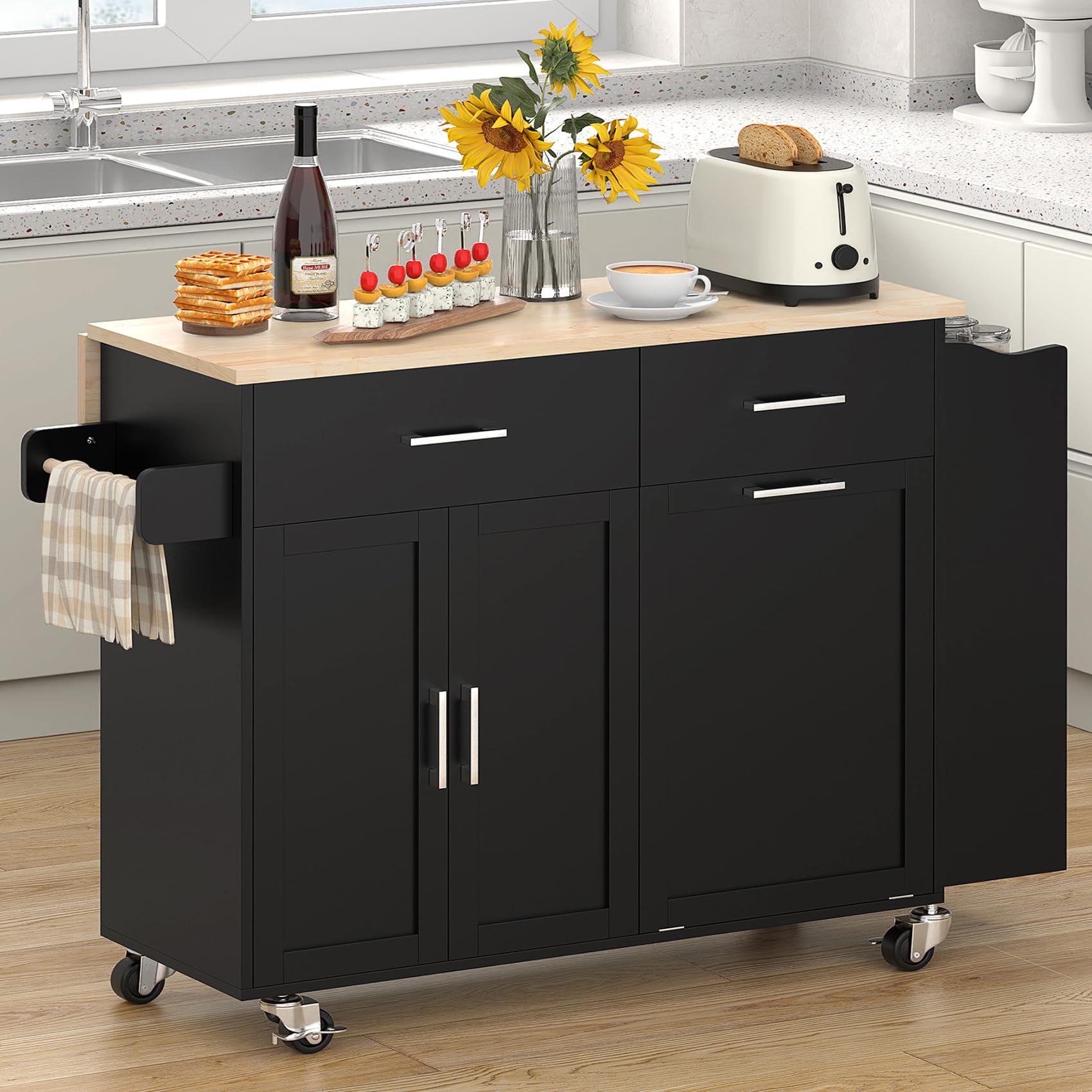 Bigbiglife Rolling Kitchen Island with 2 Drawers, Island Table for Kitchen with Drop Leaf, Kitchen Island Cart with Trash Storage Cabinet, Mobile Buffet Cabinet for Kitchen, Dining Room, Living Room