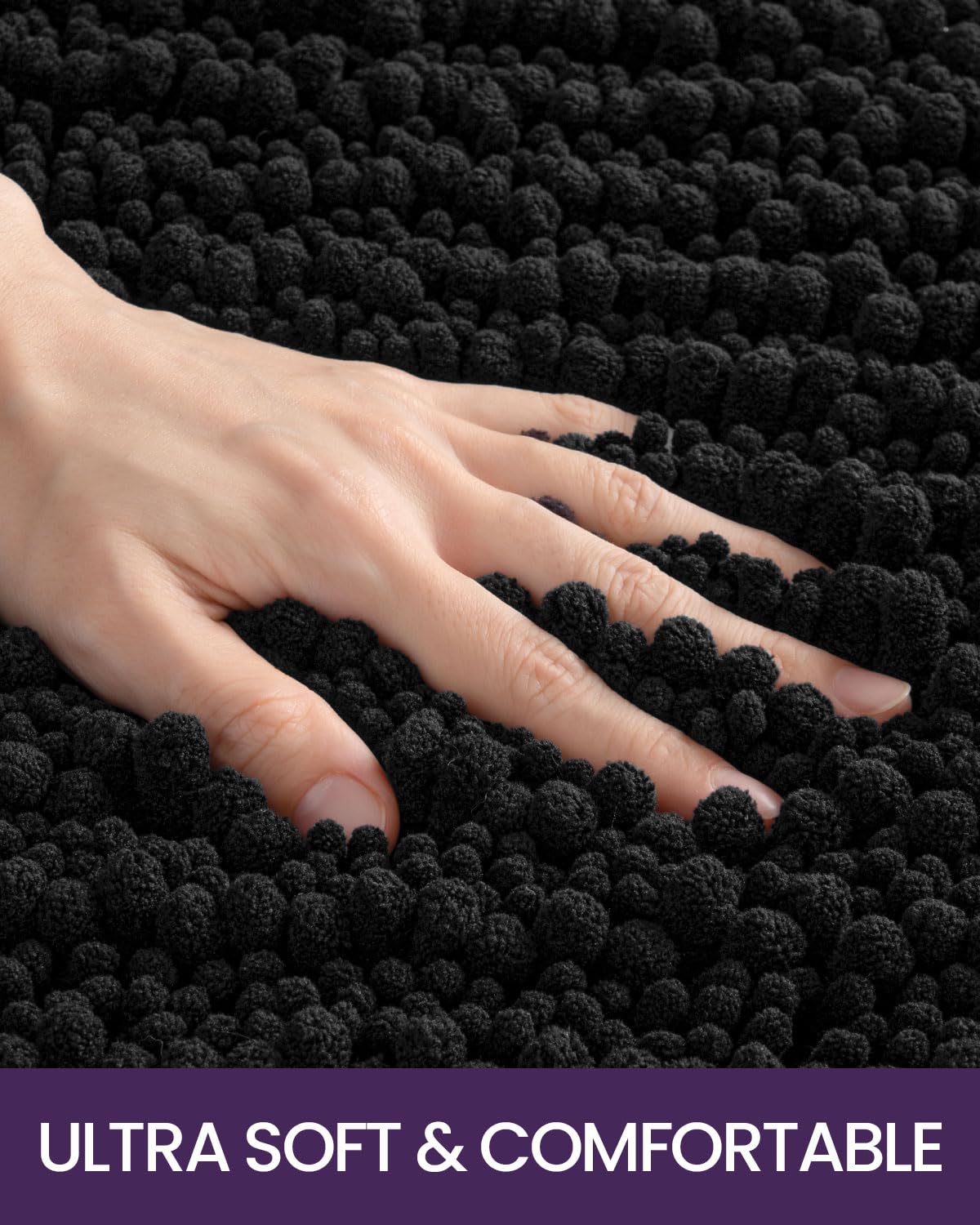 DEXI Bathroom Rug 24x43, Super Soft Thick Chenille Absorbent Bath Mat, Non Slip Machine Washable Fluffy Shag Bathmat for Tub, Shower Floor, Black