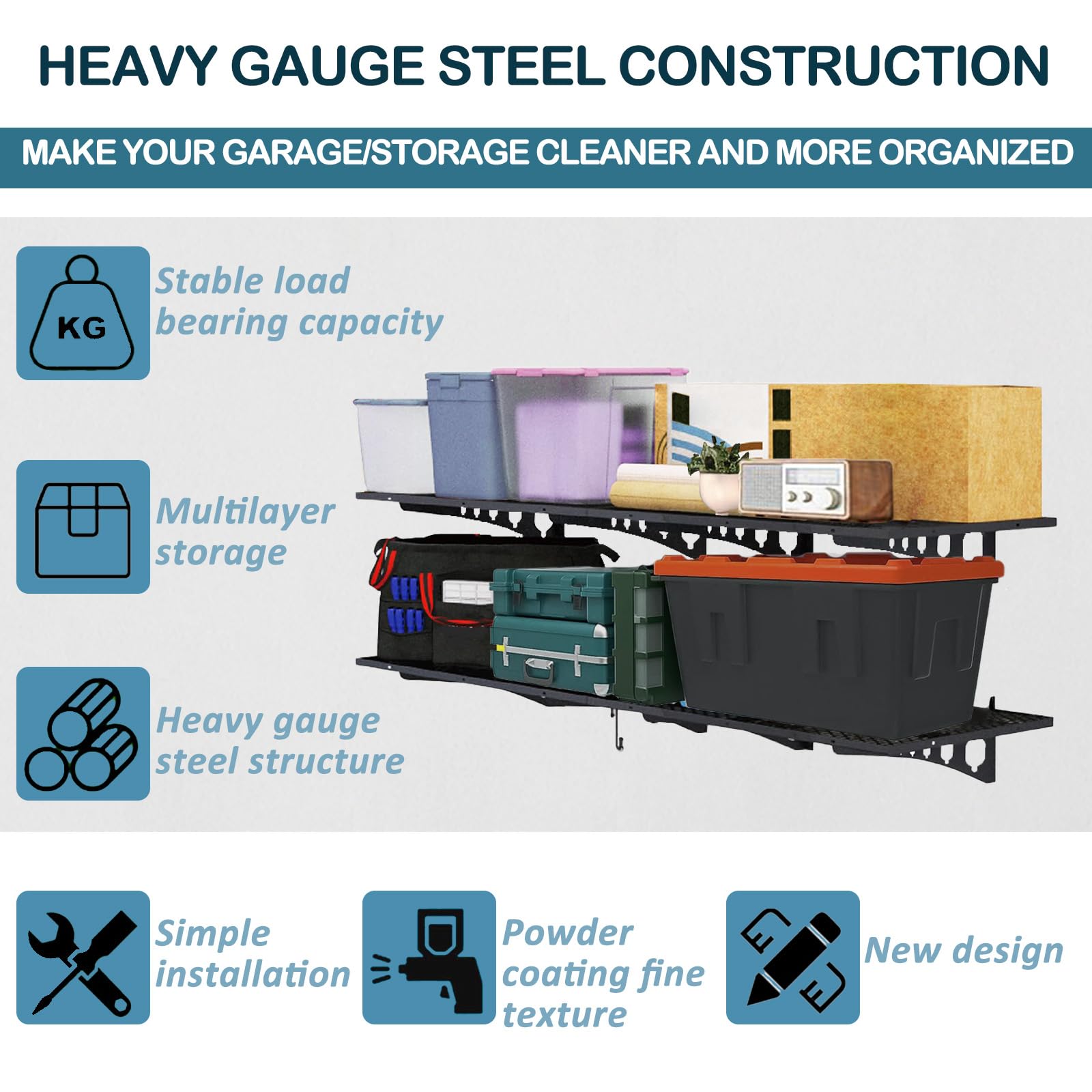 oottmes New 4 Pack Garage Wall Shelving, Heavy Duty 1.5' x 3.8' Wall Mount Storage Shelf with Hooks, Garage Storage Rack Floating Shelves, Holds 250 lbs Each