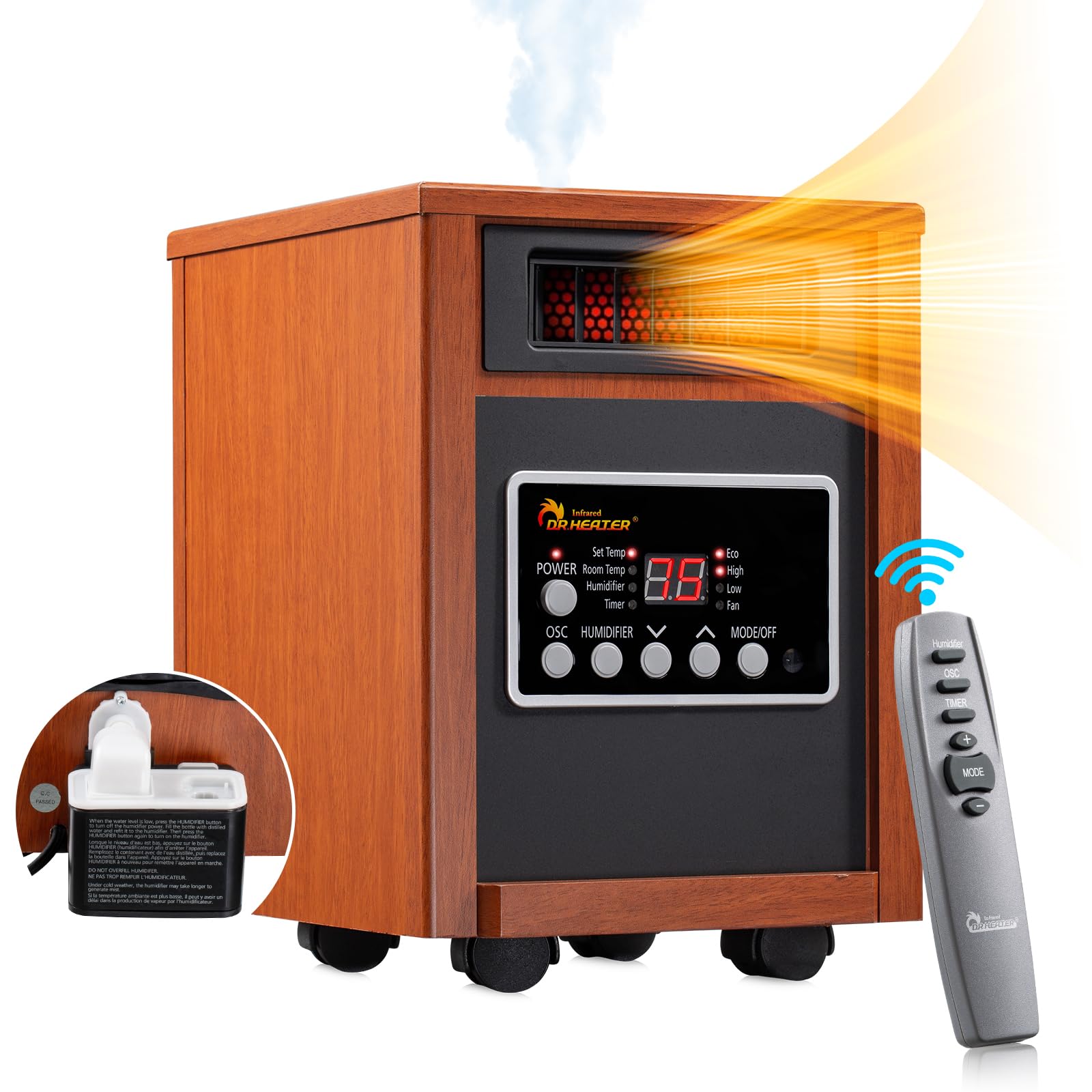 Dr Infrared Heater DR-998, 1500W, Space Heater with Humidifier, Oscillation Fan & Remote Control (Cherry)