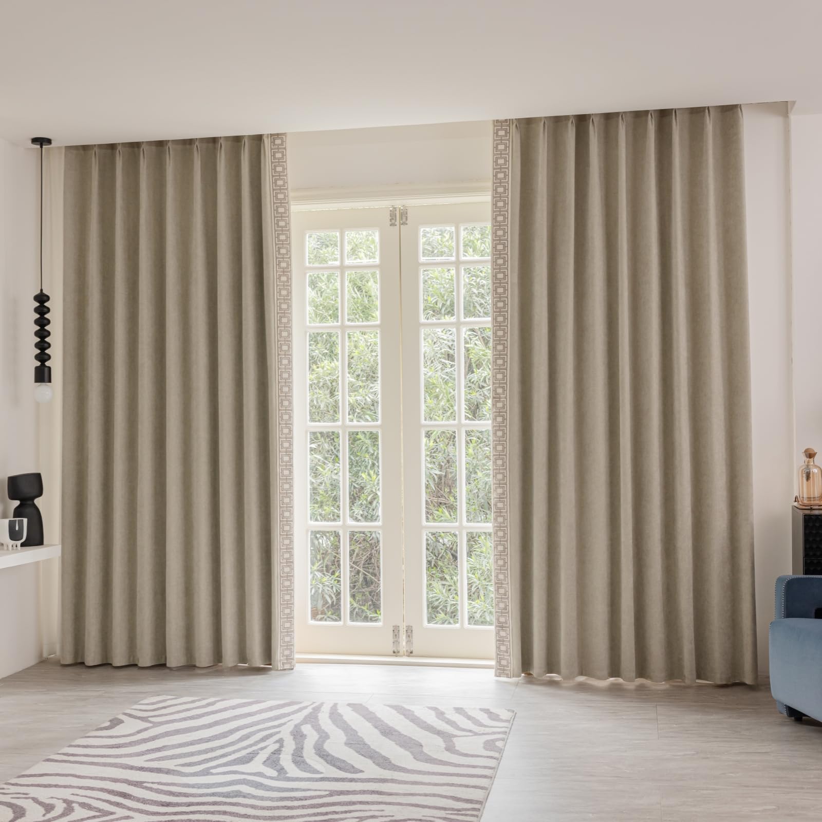 Light Beige Pinch Pleat Curtain Panels with Trim, Cotton Blend Full Blackout Curtains
