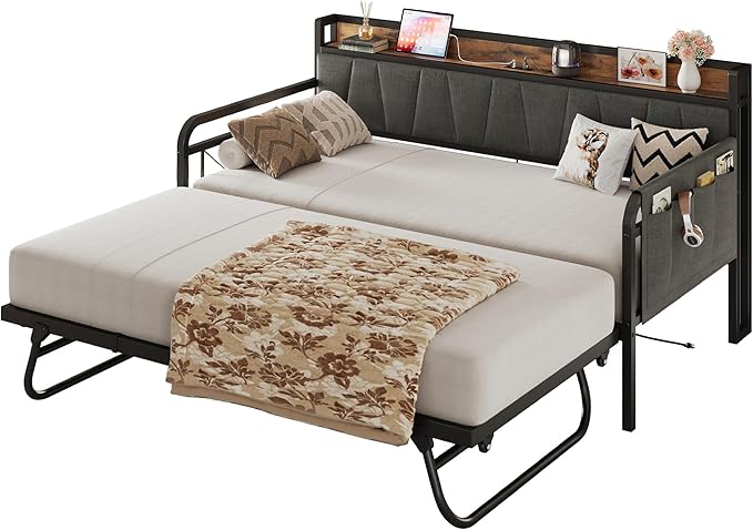 Daybed with Trundle Bed, Twin Bed Frame with Storage Headboard and Charging Station