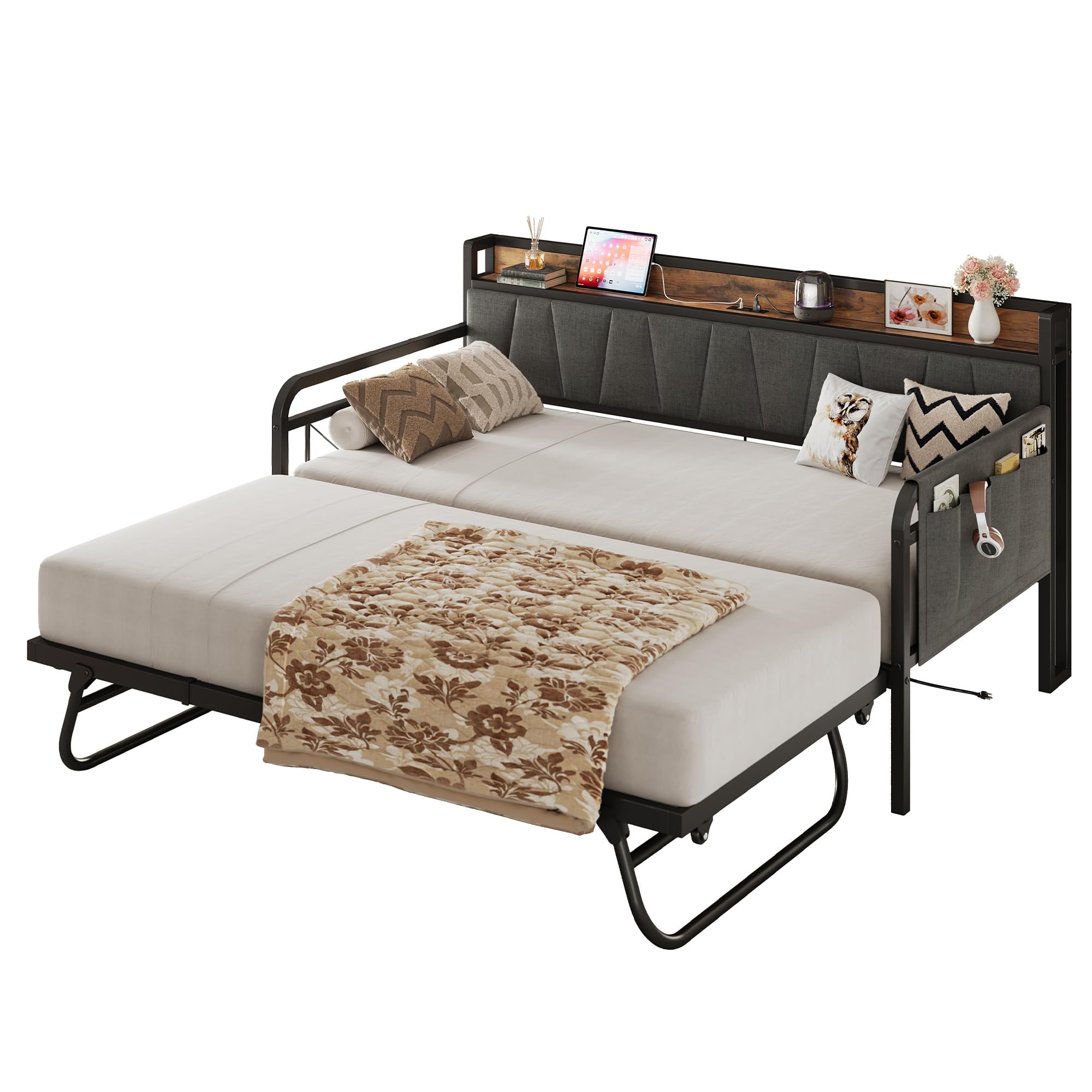Daybed with Trundle Bed, Twin Bed Frame with Storage Headboard and Charging Station