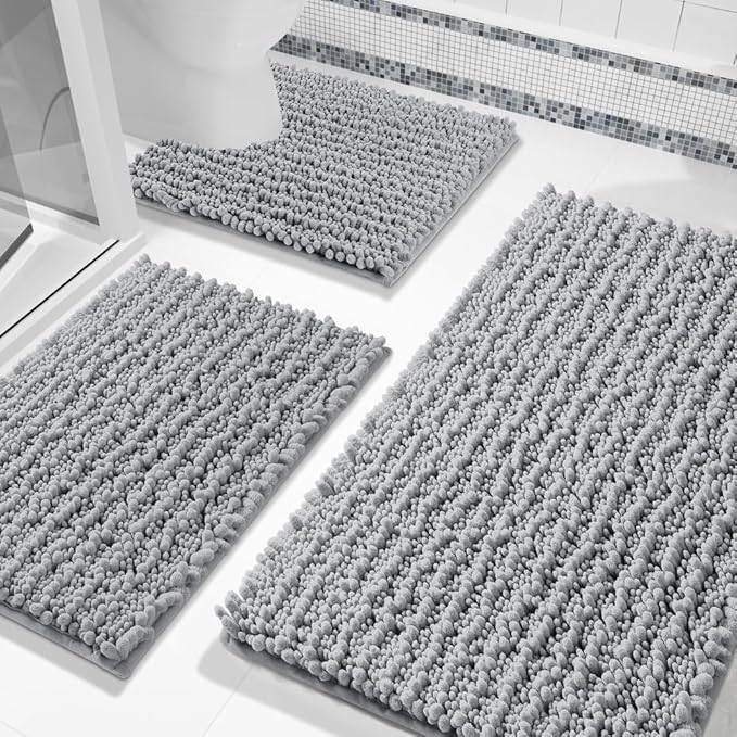 Bathroom Rugs Sets 3 Piece, Fluffy Plush Chenille Bath Room Mats Set
