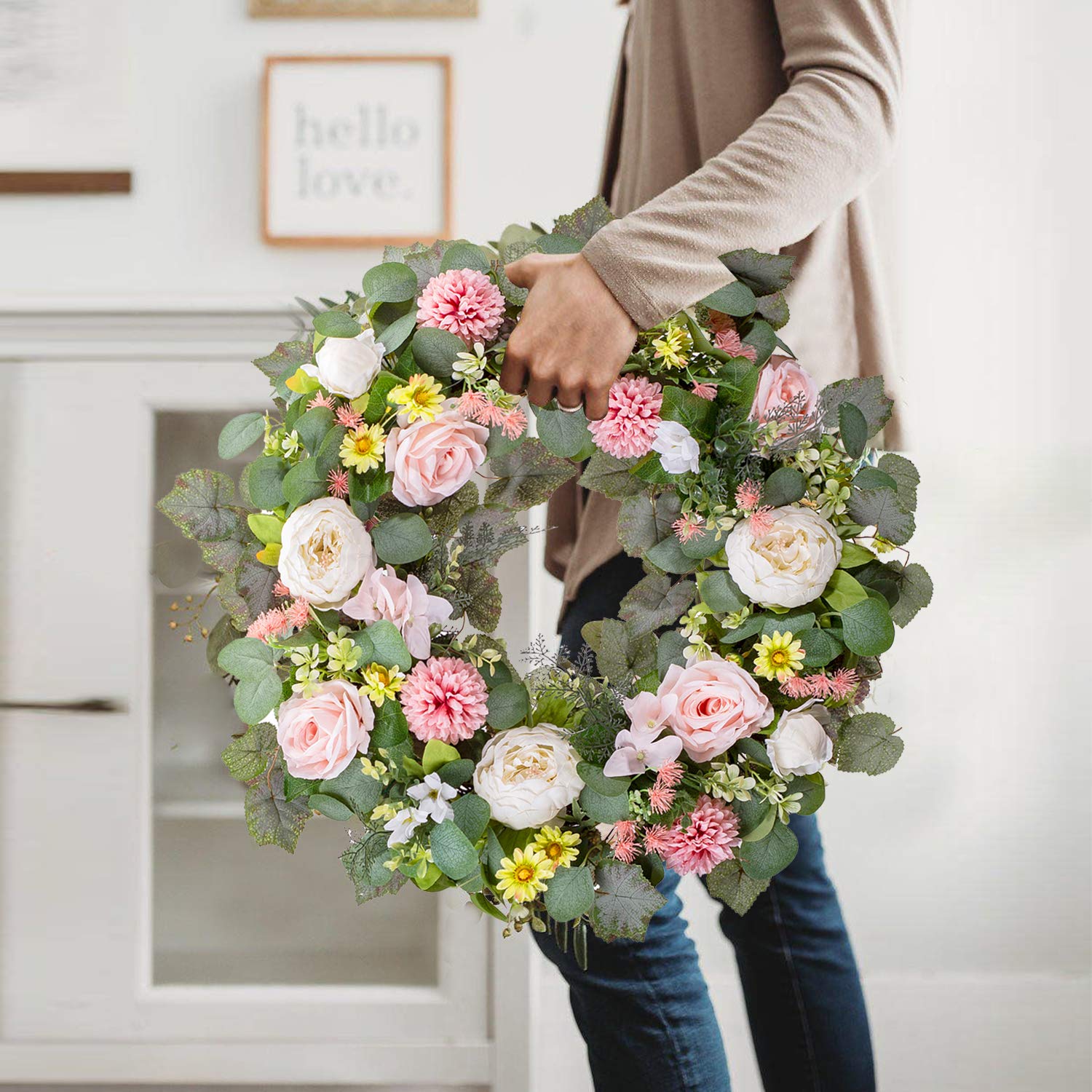 24 Inch Large Spring Peony Wreaths for Front Door,Spring Front Door Wreath