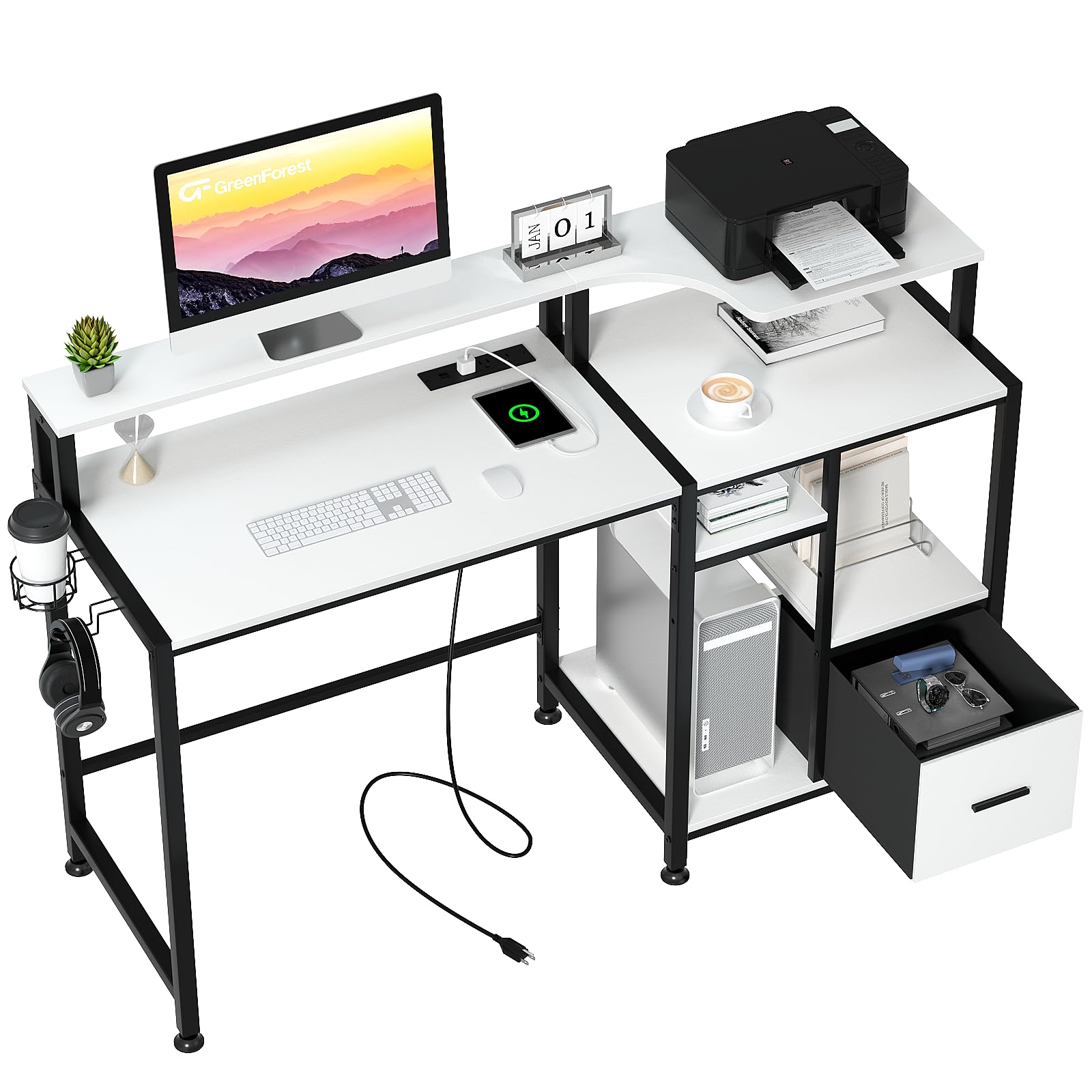 Small Desks with Drawers and Power Outlet, 55 inch Office Desk
