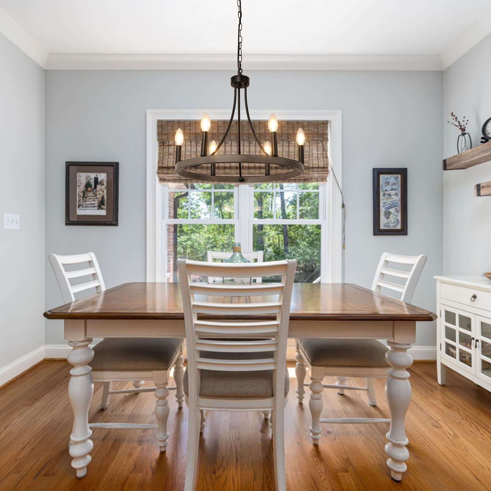 20'' Wagon Wheel Chandelier, 6 Lights Round Farmhouse Chandelier Rustic Faux Wood