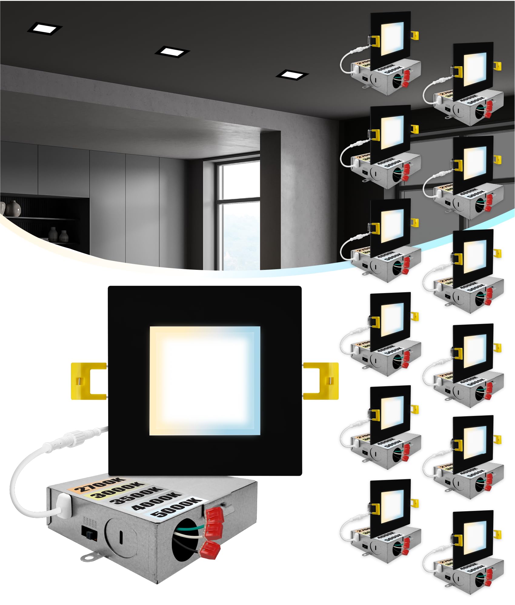 12 Pack 4 Inch Square Ultra-Thin LED Recessed Lighting