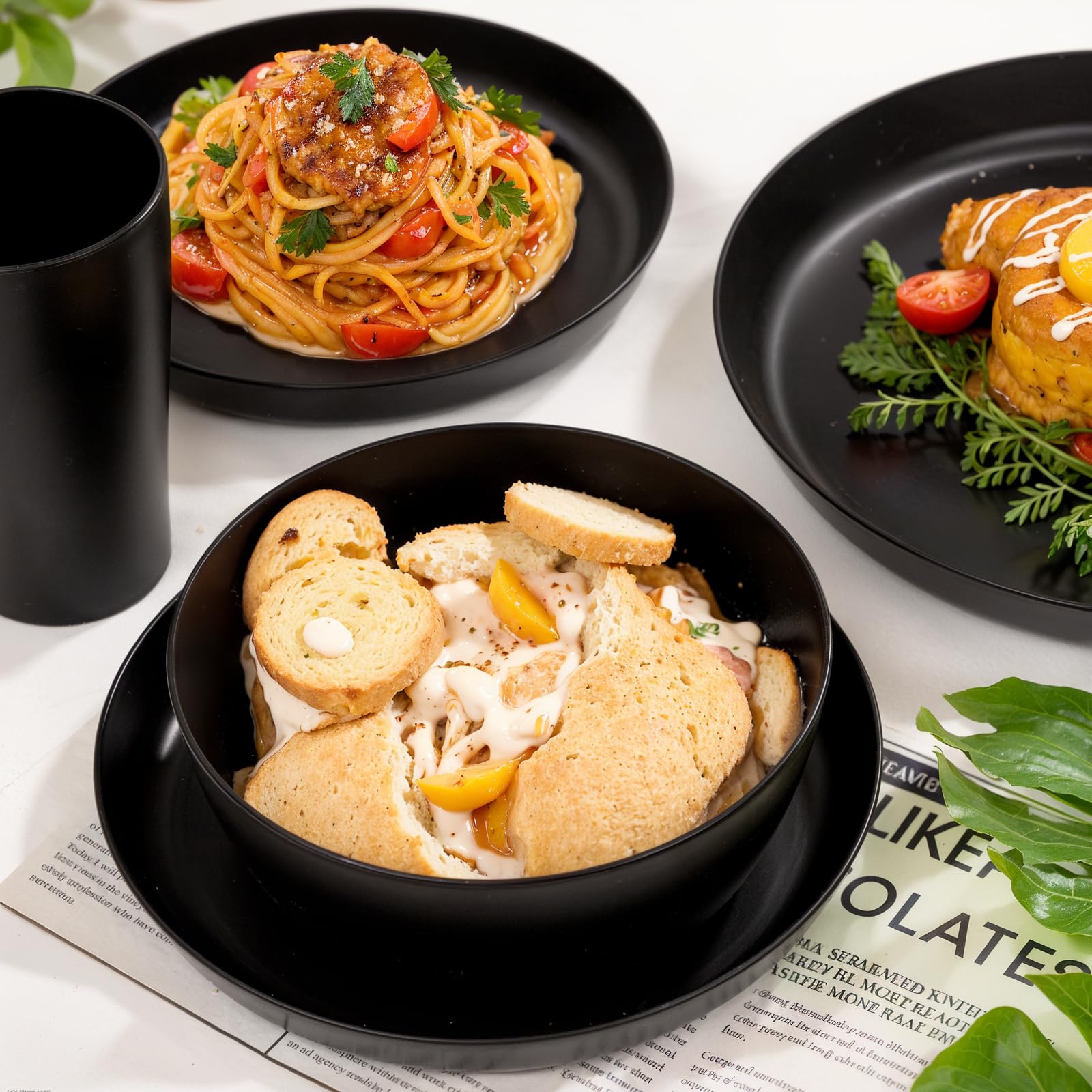 24pcs Black Wheat Straw Plates,Wheat Straw Dinnerware Set