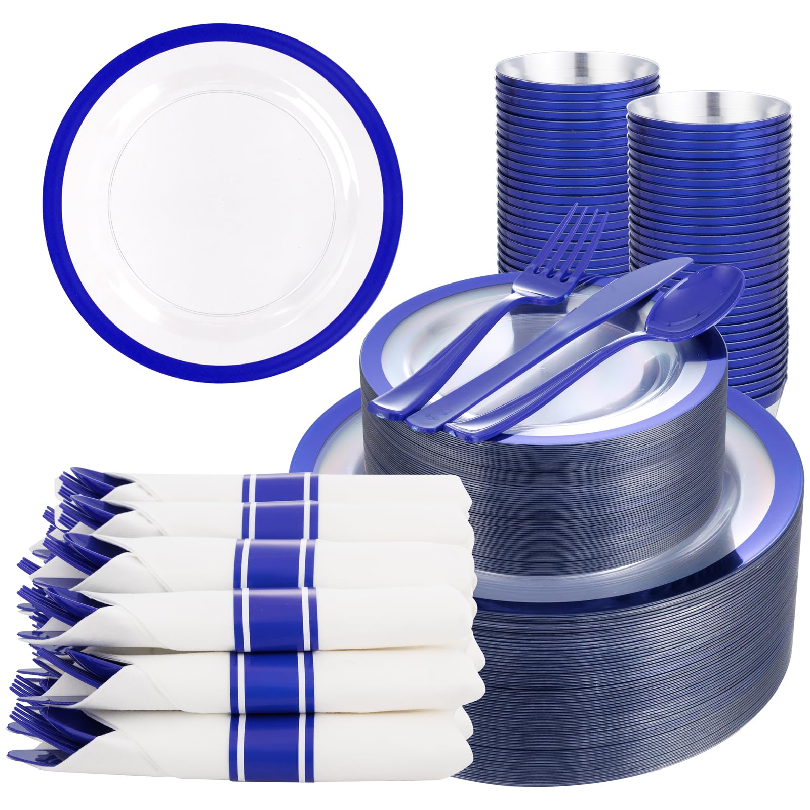 350PCS Blue Plastic Plates - Clear with Blue Trim for 50Guests