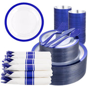350PCS Blue Plastic Plates - Clear with Blue Trim for 50Guests