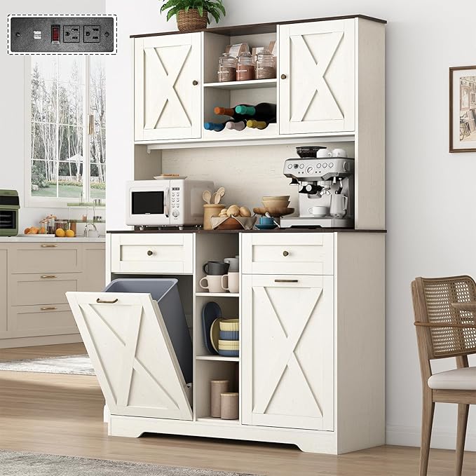 Kitchen Pantry Storage Cabinet with Power Outlets,Farmhouse Kitchen Double Tilt