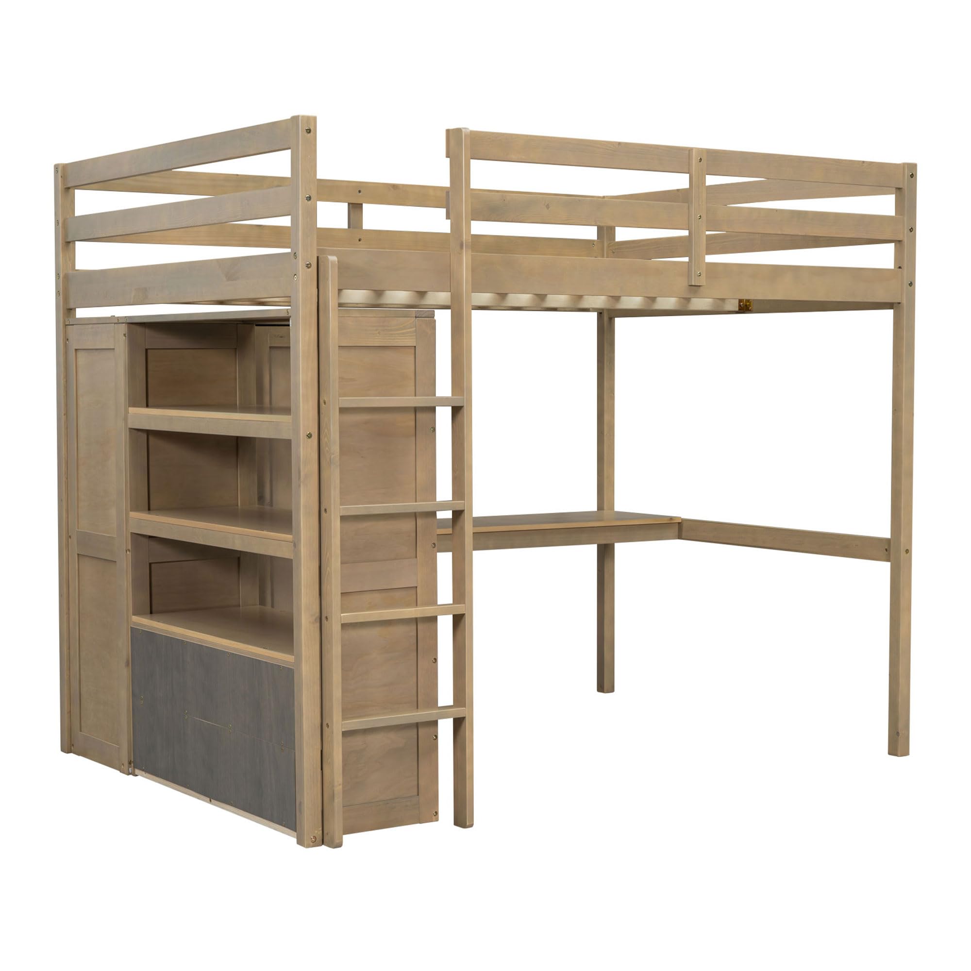 Full Size Loft Bed with Desk & Wardrobe