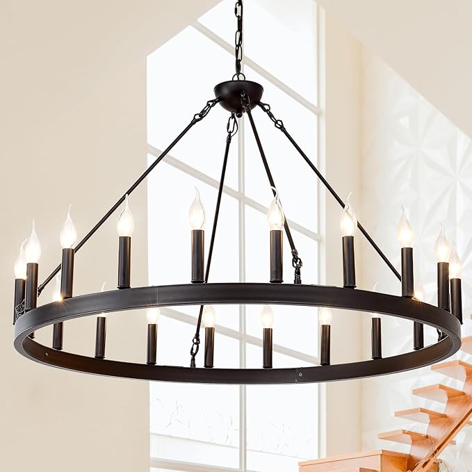 Black Wagon Wheel Chandelier 32 inch,12-Light Farmhouse Wagon