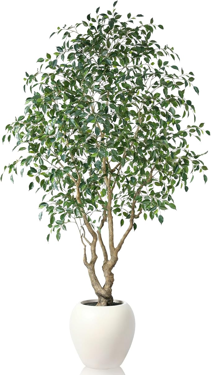 Ficus Tree Artificial Indoor, 8 Feet Tall Faux Ficus Tree with Round Artisan Planter